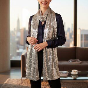 ILana Wolf Two Tone Black/Silver Sequin 76" Designer Evening Wrap/Long Scarf